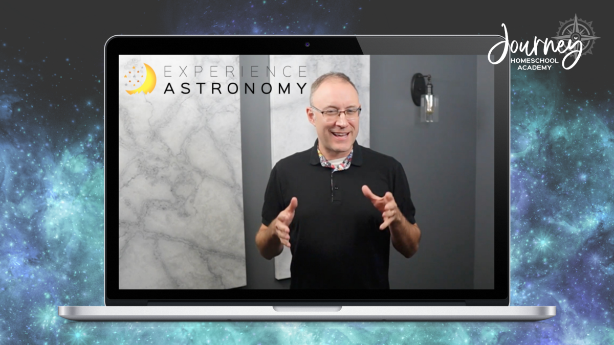 Instructor teaching Journey Homeschool Academy’s Experience Astronomy homeschool science course on a laptop with a starry background.