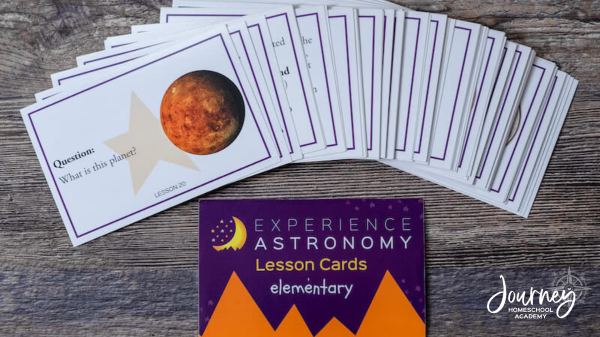 Journey Homeschool Academy Experience Astronomy elementary homeschool lesson cards with planets and questions.