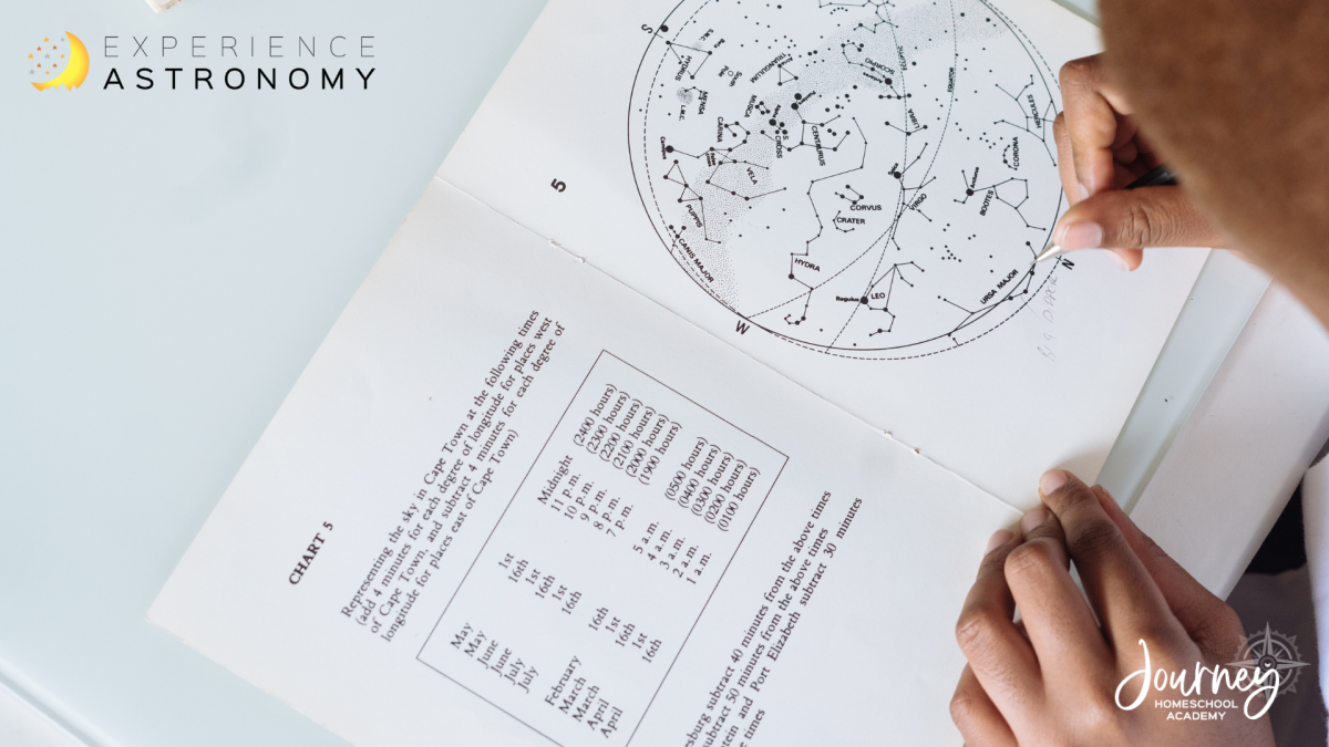 Teen using a star map constellation chart from Journey Homeschool Academy’s Experience Astronomy homeschool course.