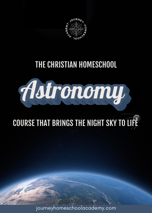 Vertical promotional graphic for Journey Homeschool Academy’s Experience Astronomy homeschool course with Earth from space.