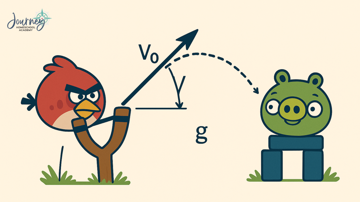 Angry Birds trajectory graphic showing projectile motion and gravity, used by Journey Homeschool Academy to explain STEM concepts in video games.