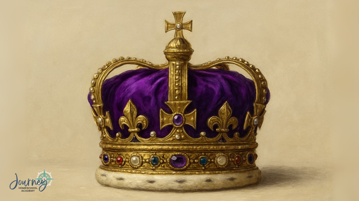 Golden royal crown with deep purple velvet and colorful gemstones, illustrating the history of purple pigments, created for Journey Homeschool Academy.