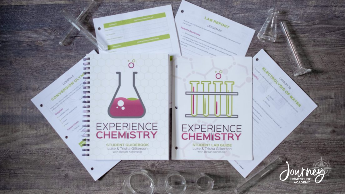 Experience Chemistry student guidebook and lab guide with lab report worksheets and experiment instructions from Journey Homeschool Academy’s Christian chemistry curriculum.