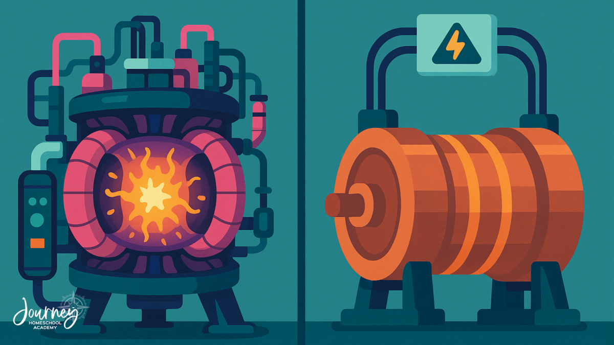 Cartoon illustration of a nuclear fusion reactor and superconducting magnet – Journey Homeschool Academy