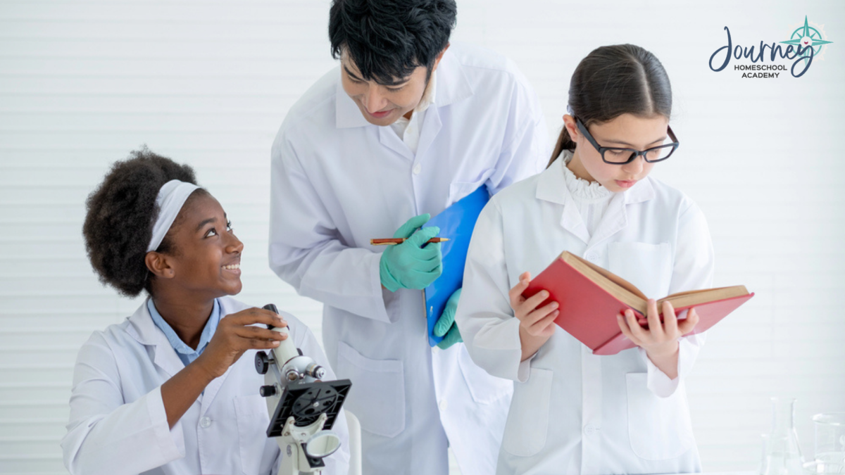 Journey Homeschool Academy homeschool students studying marine biology with microscope and instructor.
