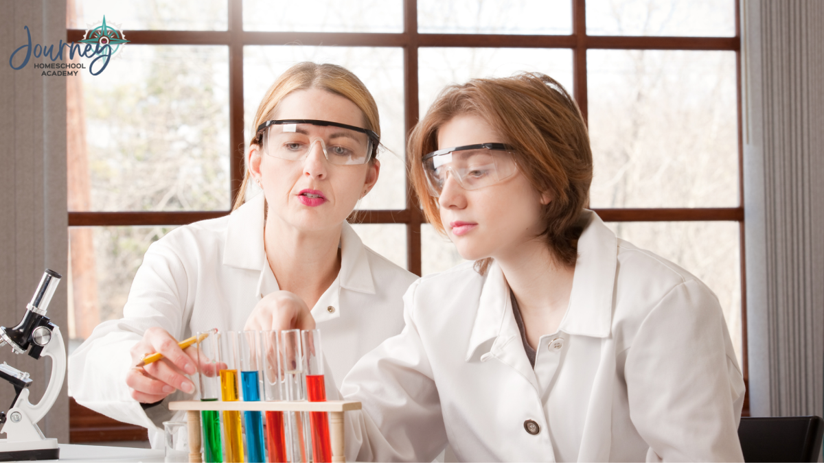 Homeschool mom teaching high school chemistry using colorful test tube experiments with her teen as part of Journey Homeschool Academy’s Christian science curriculum.