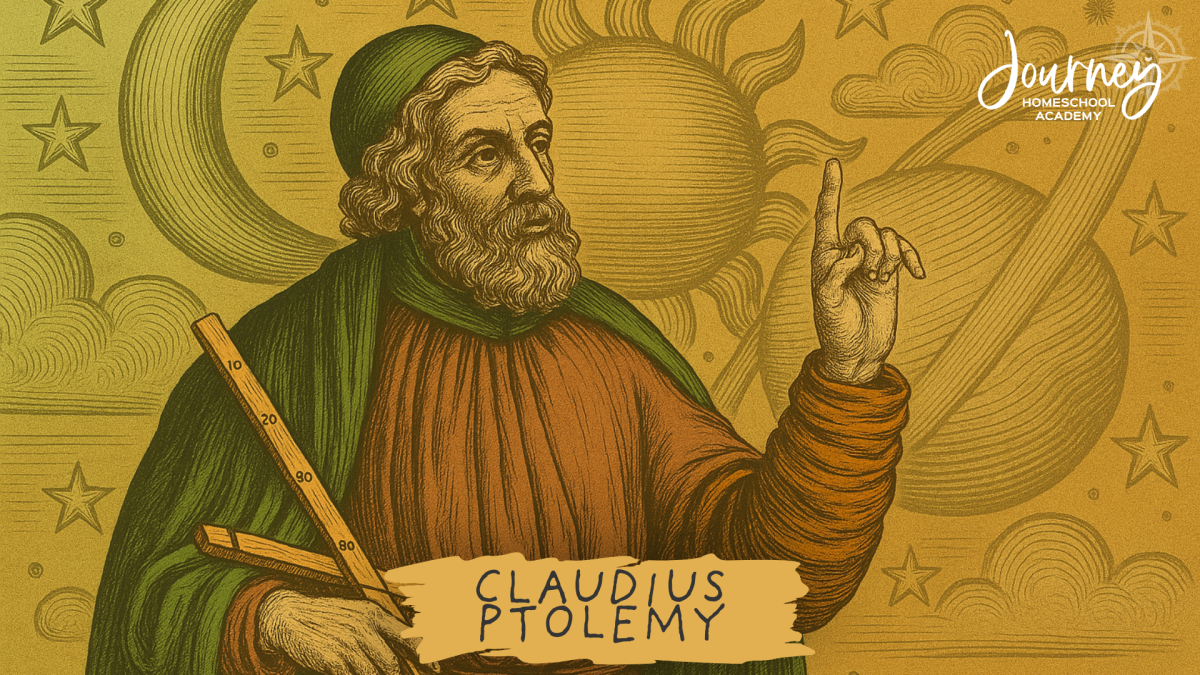 Illustration of Claudius Ptolemy with celestial background, used by Journey Homeschool Academy to teach Christian homeschool astronomy.