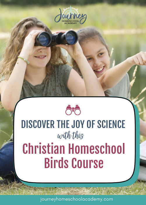 Two homeschool students birdwatching outdoors as part of Journey Homeschool Academy’s World of Birds Christian homeschool course.