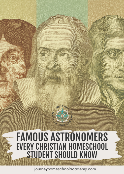 Blog hero graphic featuring Copernicus, Galileo, Newton, and Kepler for Journey Homeschool Academy’s Christian homeschool astronomy article.