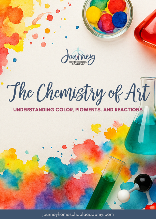 Bright watercolor background with paintbrushes, science flasks, and colorful pigments, overlaid with the text “The Chemistry of Art” for Journey Homeschool Academy homeschool science blog.