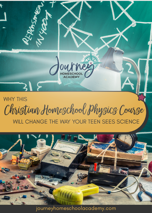 Chalkboard with physics formulas and tools promoting Journey Homeschool Academy’s Discover Physics course