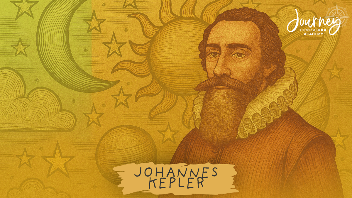 Illustration of Johannes Kepler with stars and sun, featured in Journey Homeschool Academy’s Christian homeschool astronomy content.