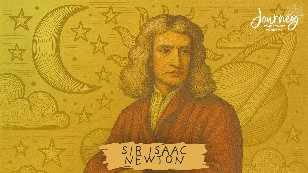 Illustration of Sir Isaac Newton with celestial artwork, used in Journey Homeschool Academy Christian homeschool astronomy resources.