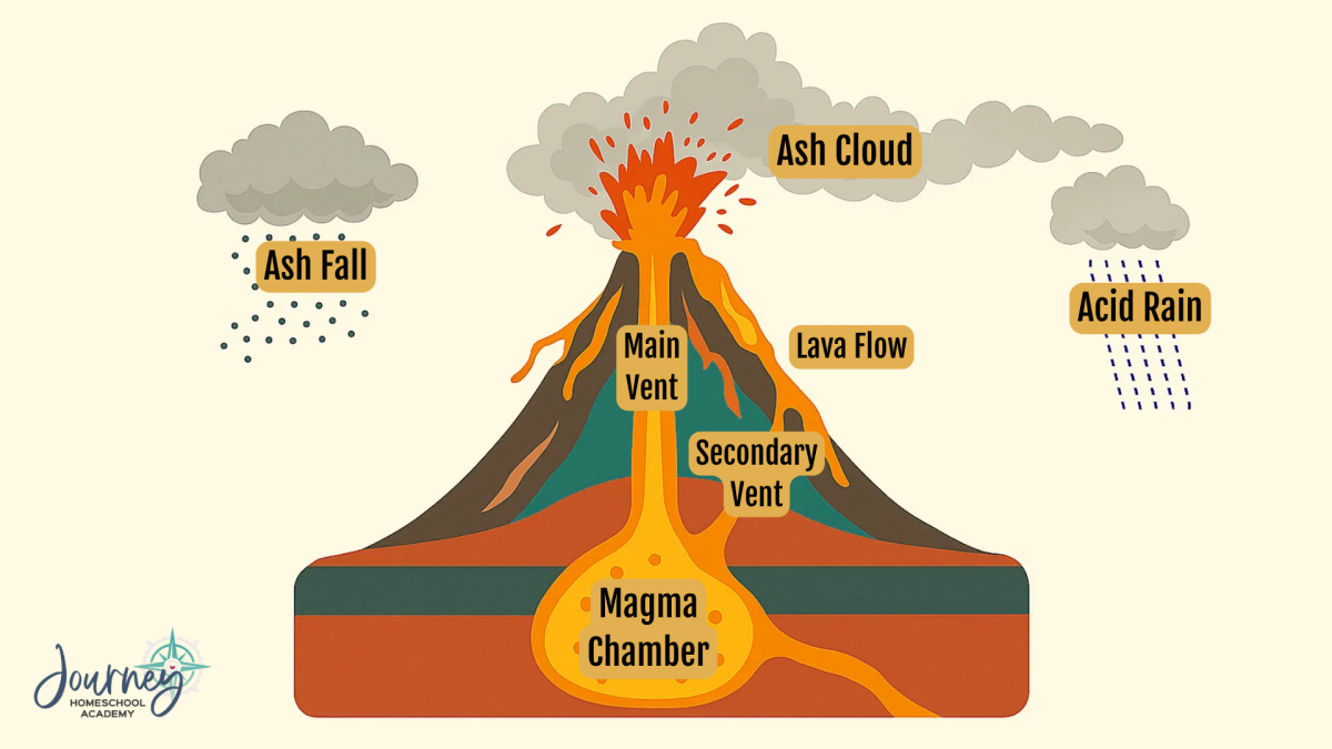 Labeled diagram of a volcano showing magma chamber, vents, lava flow, ash cloud, and acid rain — Journey Homeschool Academy homeschool earth science illustration.