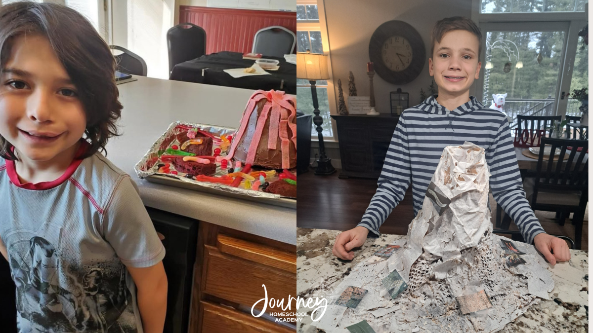 Homeschool students displaying homemade volcano projects — candy and paper-mâché models — from a Journey Homeschool Academy earth science lesson.