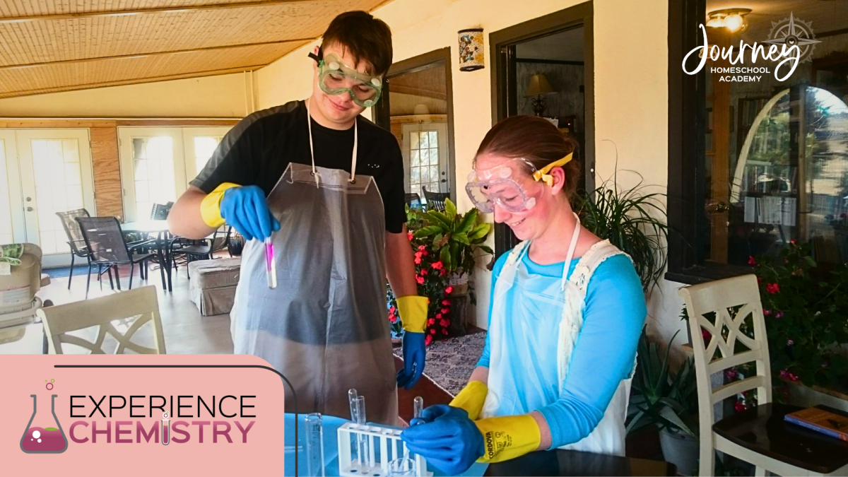 Two homeschool students wearing goggles and gloves conducting a chemistry experiment at home as part of Journey Homeschool Academy’s Experience Chemistry course.