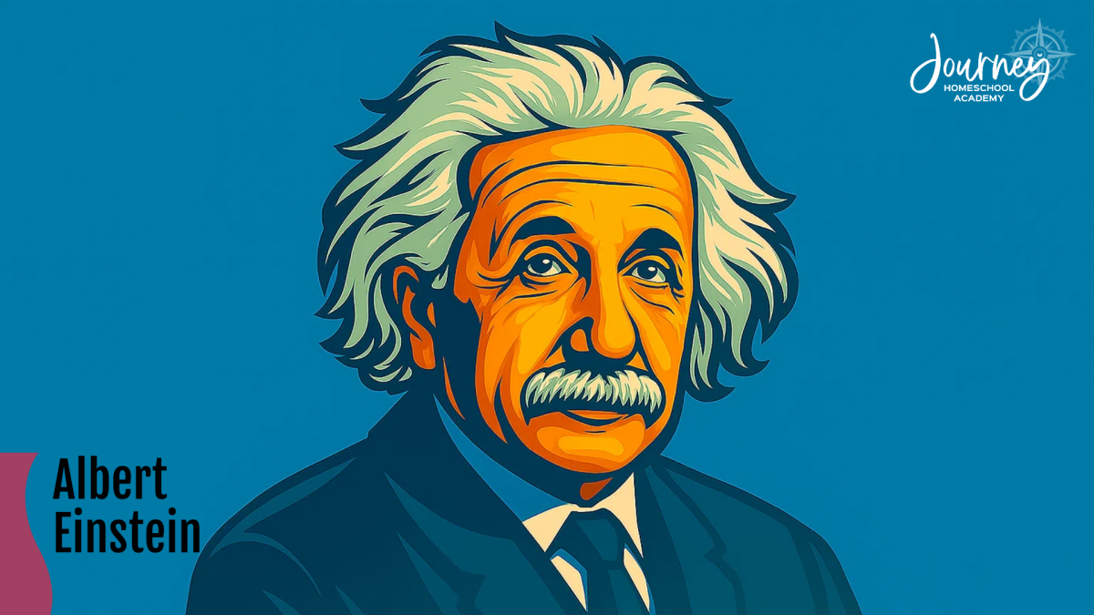 Vibrant illustration of Albert Einstein, the homeschooled physicist whose curiosity reshaped modern science, featured in Journey Homeschool Academy’s homeschool inspiration blog.