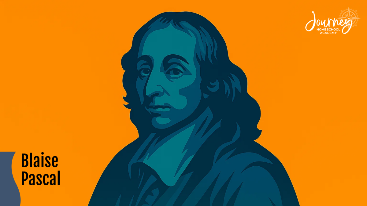 Stylized illustration of Blaise Pascal, a homeschooled mathematician, physicist, and theologian featured in Journey Homeschool Academy’s blog on great homeschooled scientists.