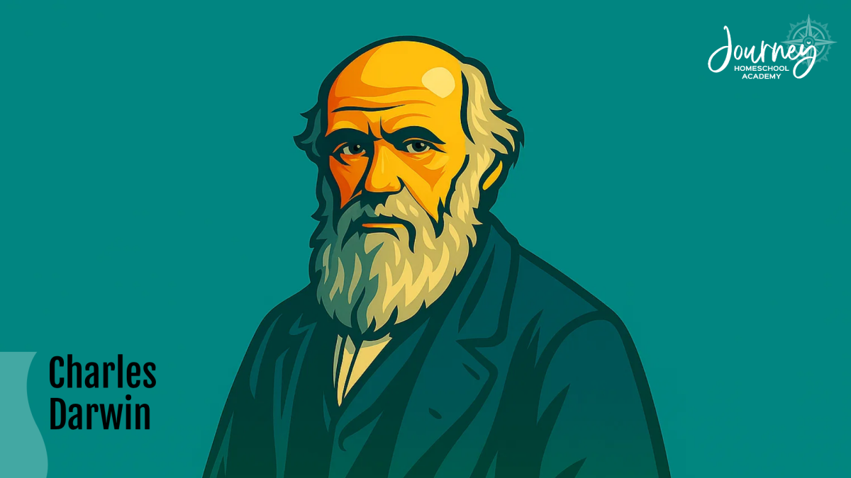 Stylized portrait of Charles Darwin, the homeschooled naturalist known for his observation-based learning, as featured in Journey Homeschool Academy’s article on homeschooled scientists.