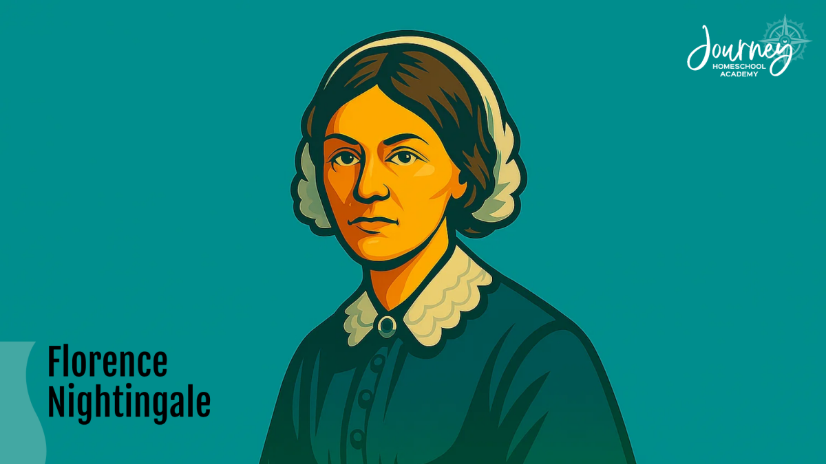 Digital portrait of Florence Nightingale, a homeschooled scientist and founder of modern nursing, featured in Journey Homeschool Academy’s Christian homeschool science blog.
