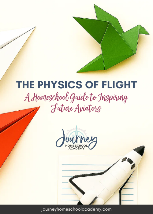 Journey Homeschool Academy blog feature image with paper airplanes and shuttle, promoting homeschool physics of flight and aerospace education.