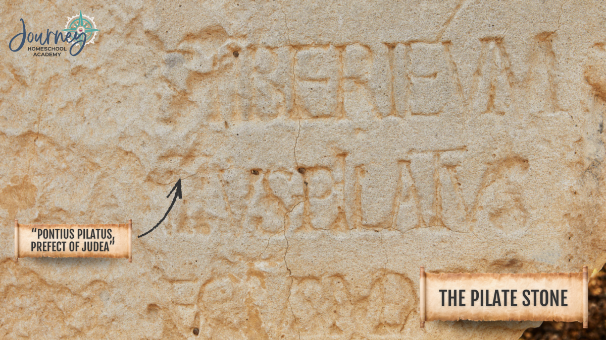 Close-up of the Pilate Stone inscription reading “Pontius Pilatus, Prefect of Judea,” confirming the Roman governor mentioned in the Bible.