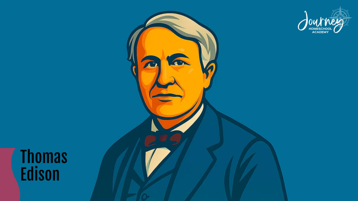 Illustration of Thomas Edison, the homeschooled inventor known for the light bulb and phonograph, featured in Journey Homeschool Academy’s blog celebrating homeschooled scientists.
