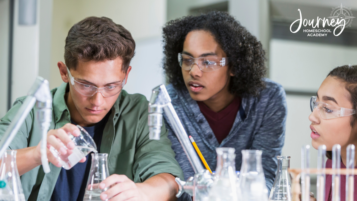 Homeschool students working together on chemistry experiments, showing how Journey Homeschool Academy’s Experience Chemistry curriculum brings homeschool chemistry to life through curiosity and hands-on learning.