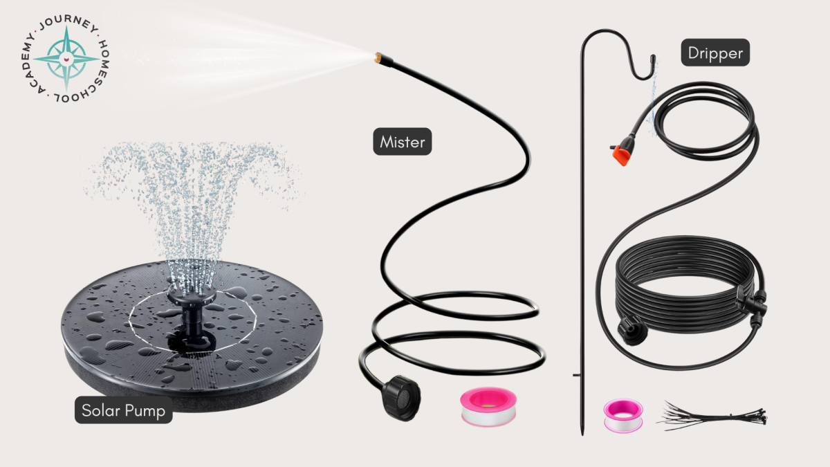 Solar pump, mister, and dripper system for backyard bird baths—tools for providing water for birds in a homeschool nature study by Journey Homeschool Academy.