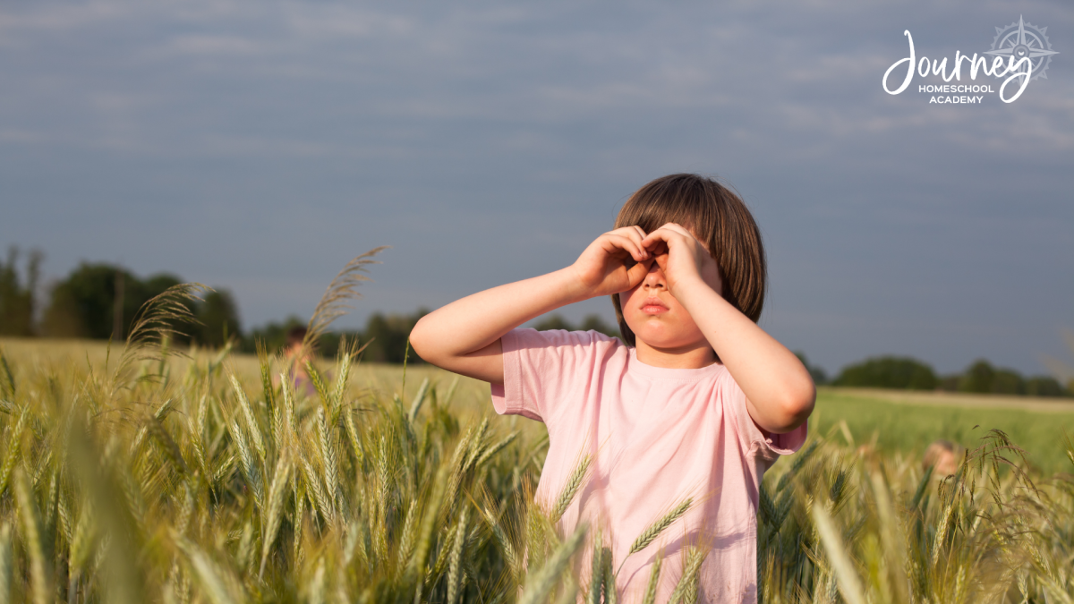Child using binoculars in a field while observing birds for a homeschool science project, illustrating cross curricular bird study ideas for families.